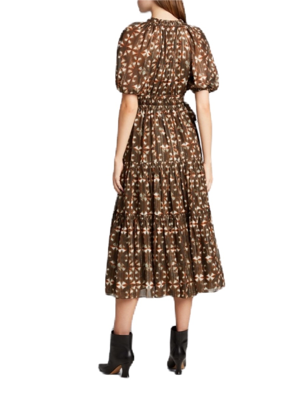 Ulla Johnson Tunis Midi Dress 100% Silk Olive Prism Metallic Puff Sleeve Size 4 - Picture 5 of 16